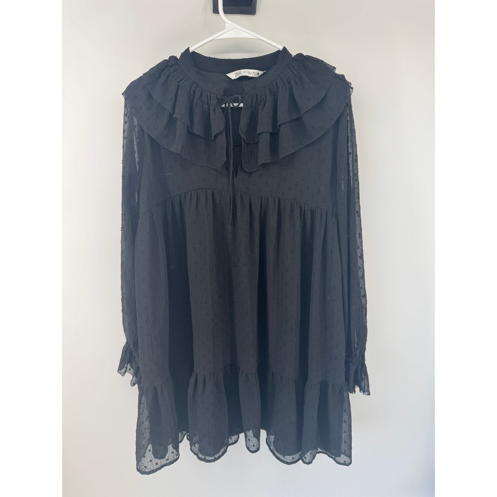 Zara Black Swiss Dot Ruffle Collar Mini Dress Long Sleeve Babydoll L